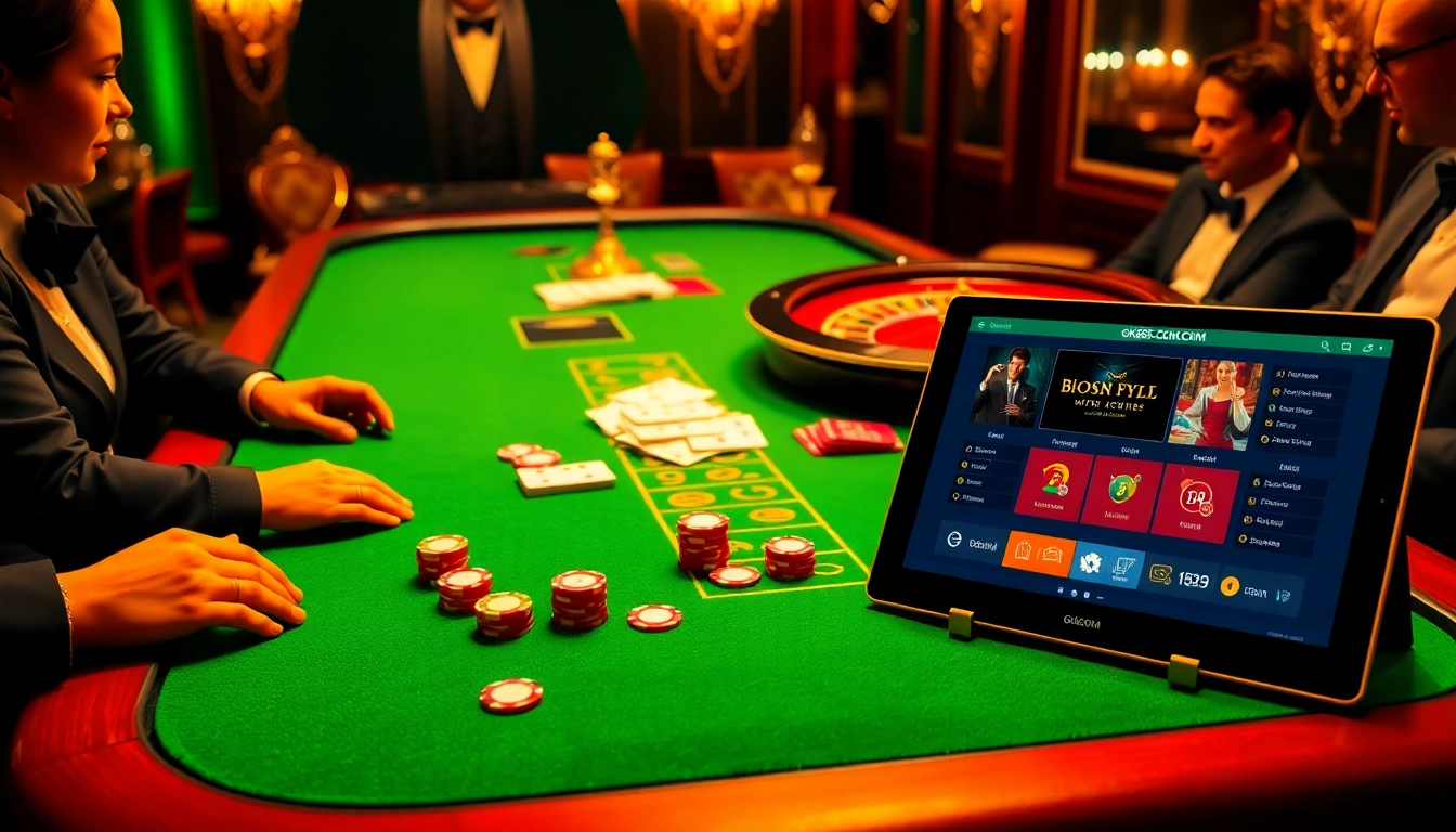 Excited players engage at GK88.COM's luxurious casino table, featuring cards, chips, and roulette.