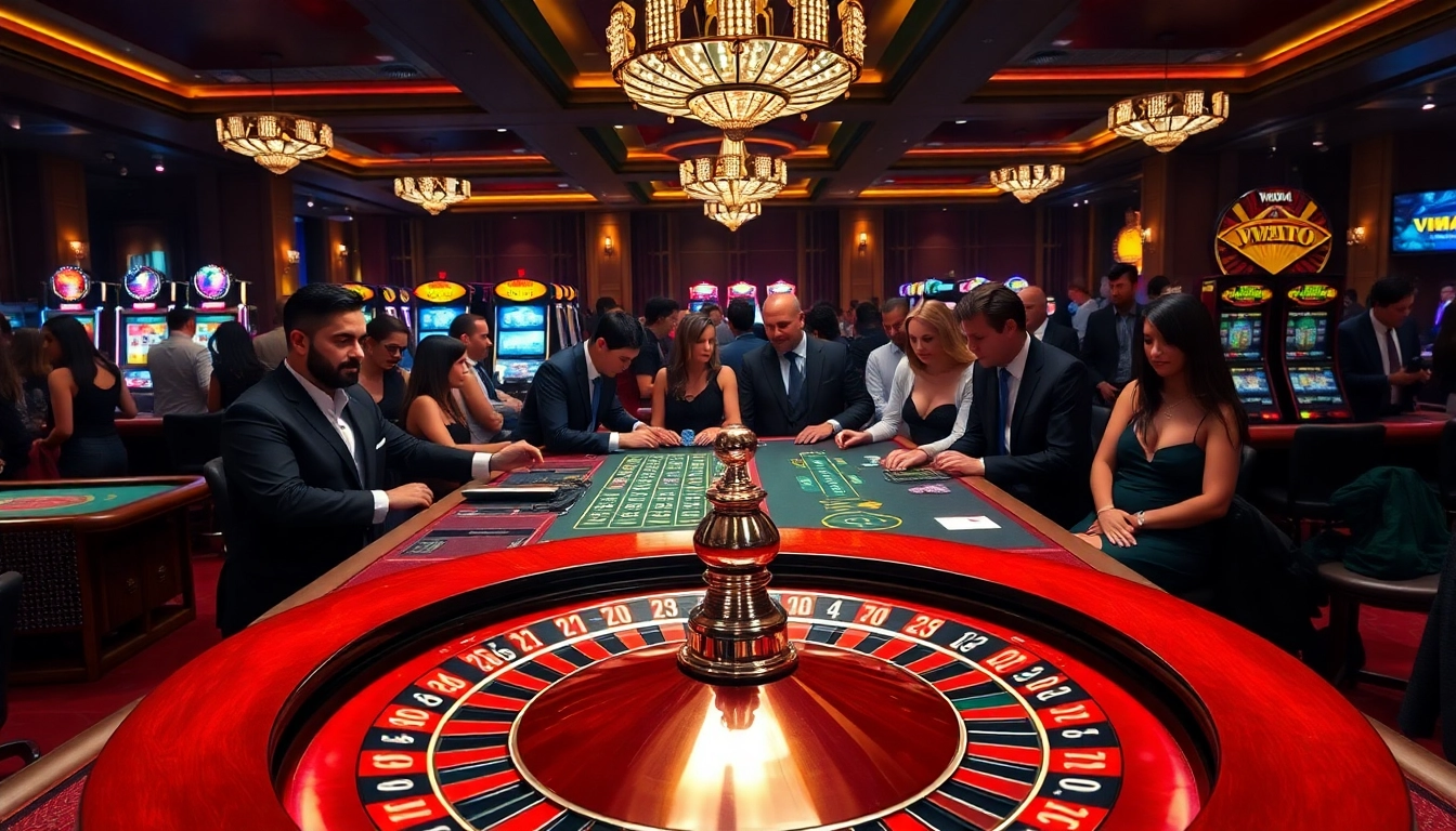 Experience high-stakes gameplay at Vmax with luxurious casino tables and vibrant slot machines.