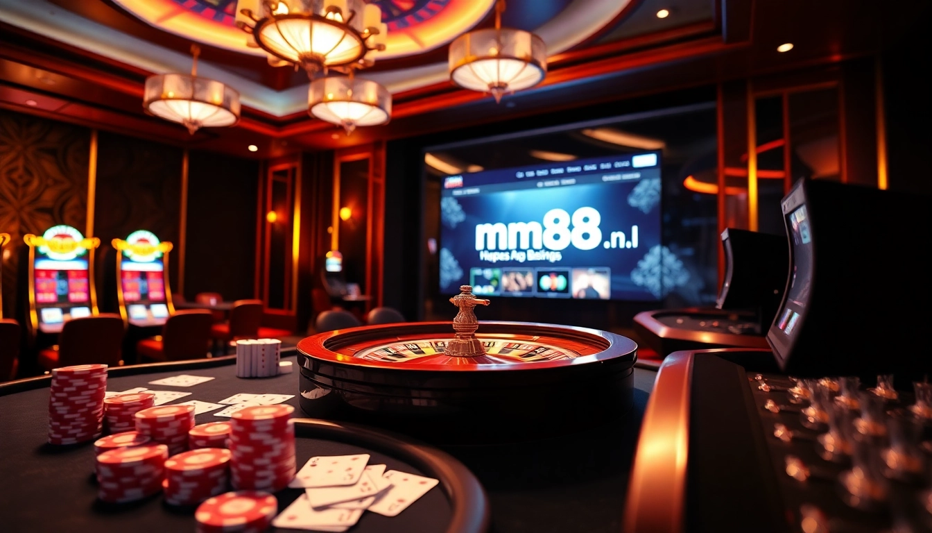 Engage with thrilling games at https://mm88.nl/ showcasing poker chips and vibrant slot machines.