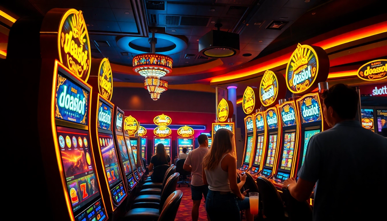 Exciting casino scene featuring doaslot slot machines with vibrant lighting.