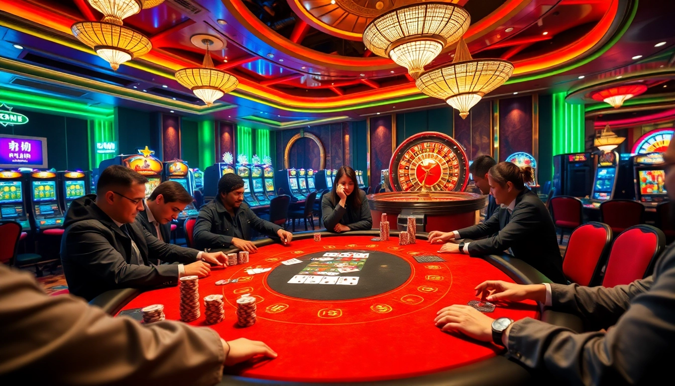 Experience the thrill of a bustling casino with vibrant gaming tables and '링크모음' showing digital connections for easy access.