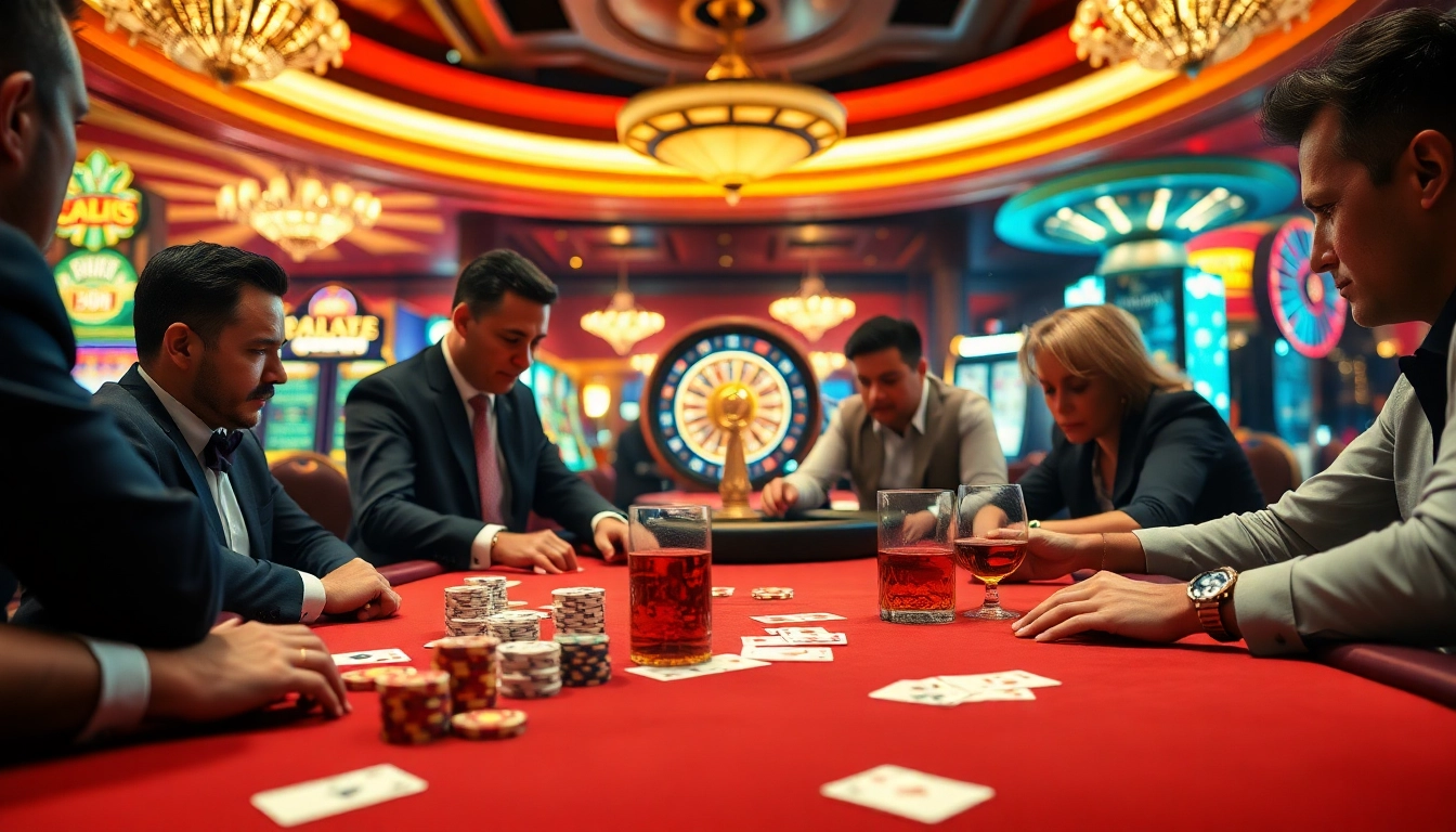 Professional gamblers strategize at a poker table in the vibrant casino of jboqz.com.