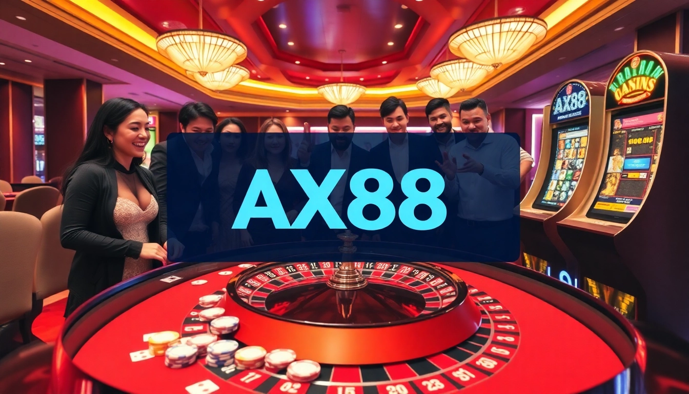 AX88 branded roulette table surrounded by enthusiastic gamblers in a luxurious casino setting.