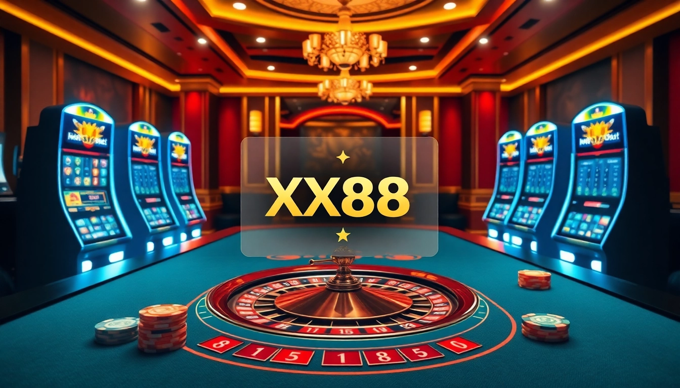 Exciting casino scene showcasing XX88 gaming experience with poker chips, slot machines, and vibrant lights.