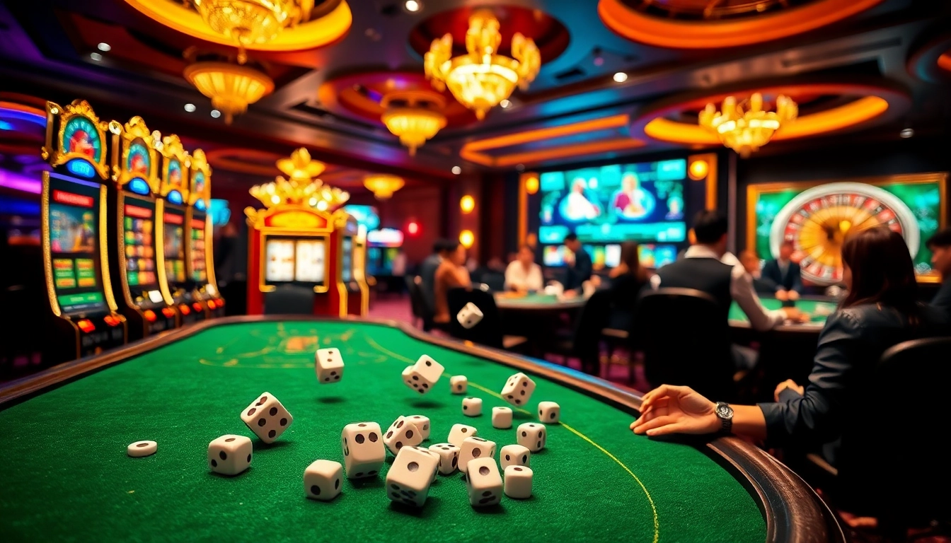 The excitement of gambling at https://kkwin.co.com/ with vibrant casino scenes featuring slot machines and poker tables.