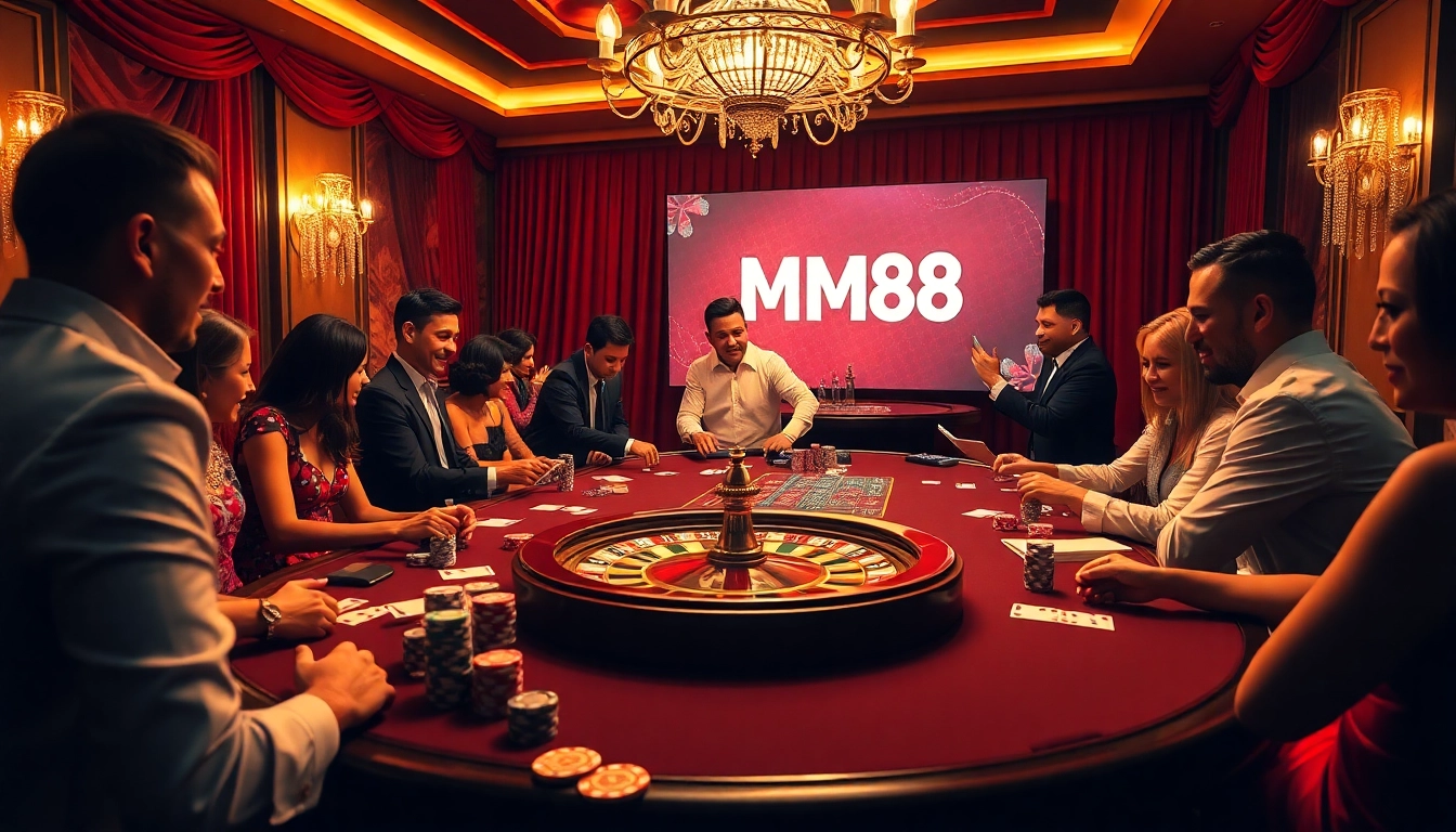 Exciting MM88 casino atmosphere with players at a gaming table enjoying poker and roulette games.