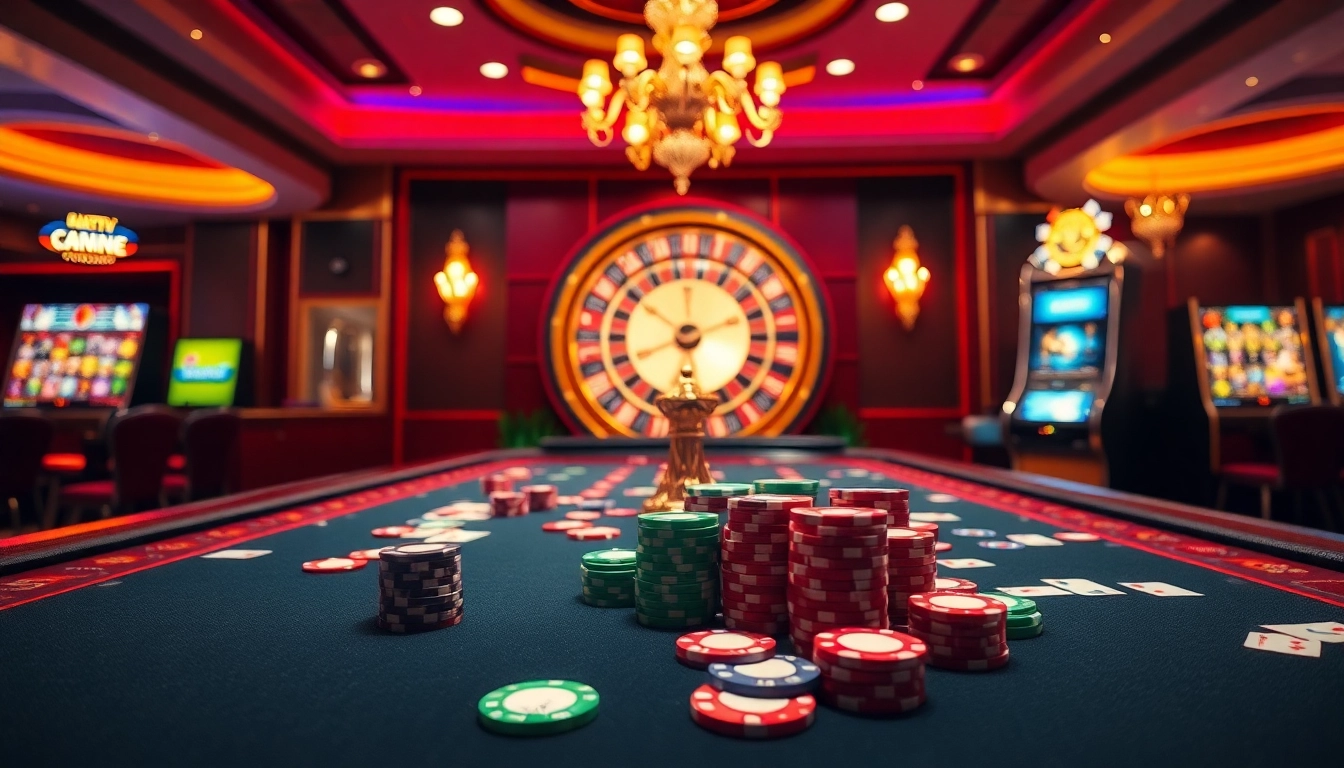 C168 casino gaming scene showcasing poker tables, roulette wheels, and a vibrant slot machine.