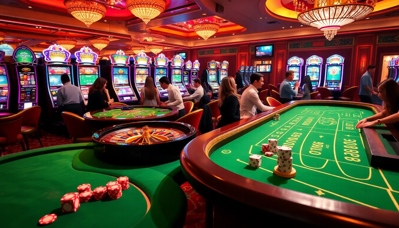 Nohu90 players enjoying a dynamic casino atmosphere with poker chips and slot machines.