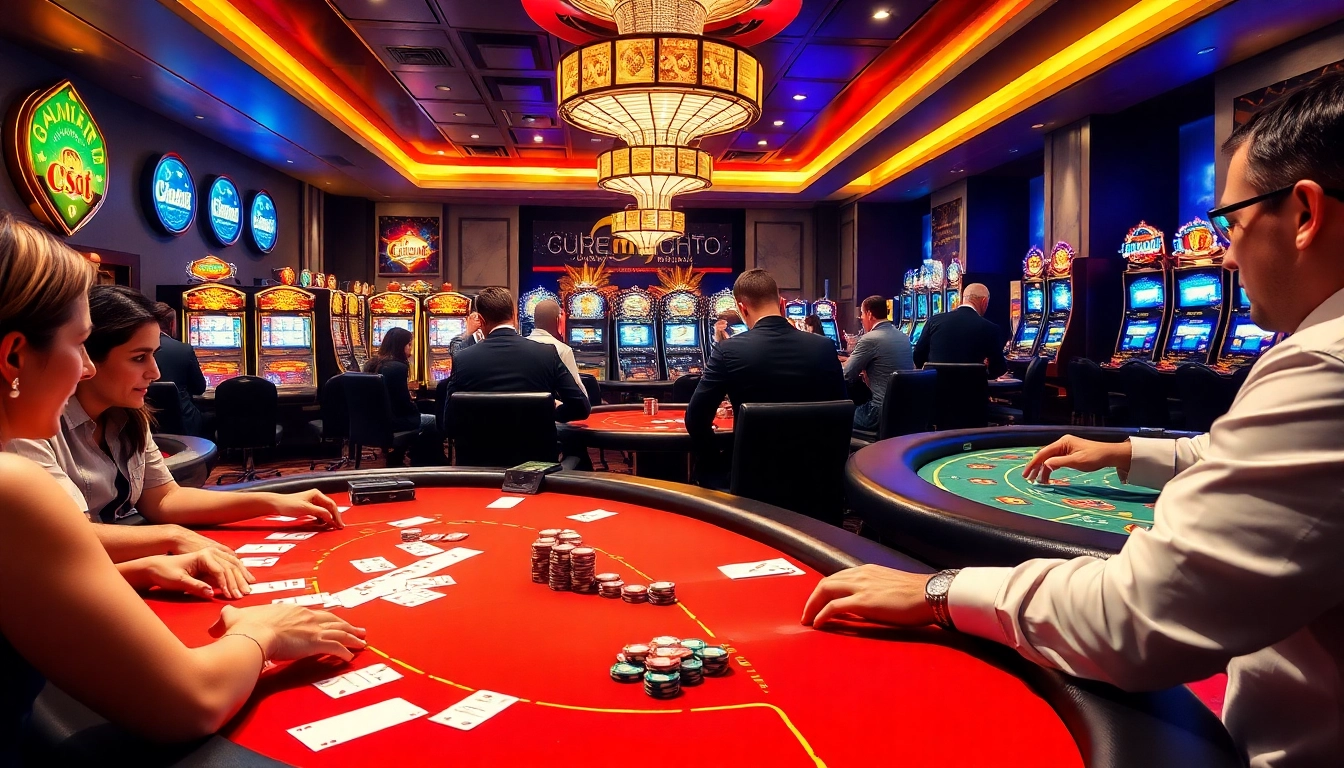 Players enjoying high-stakes poker and vibrant slot machines at c1688 casino.