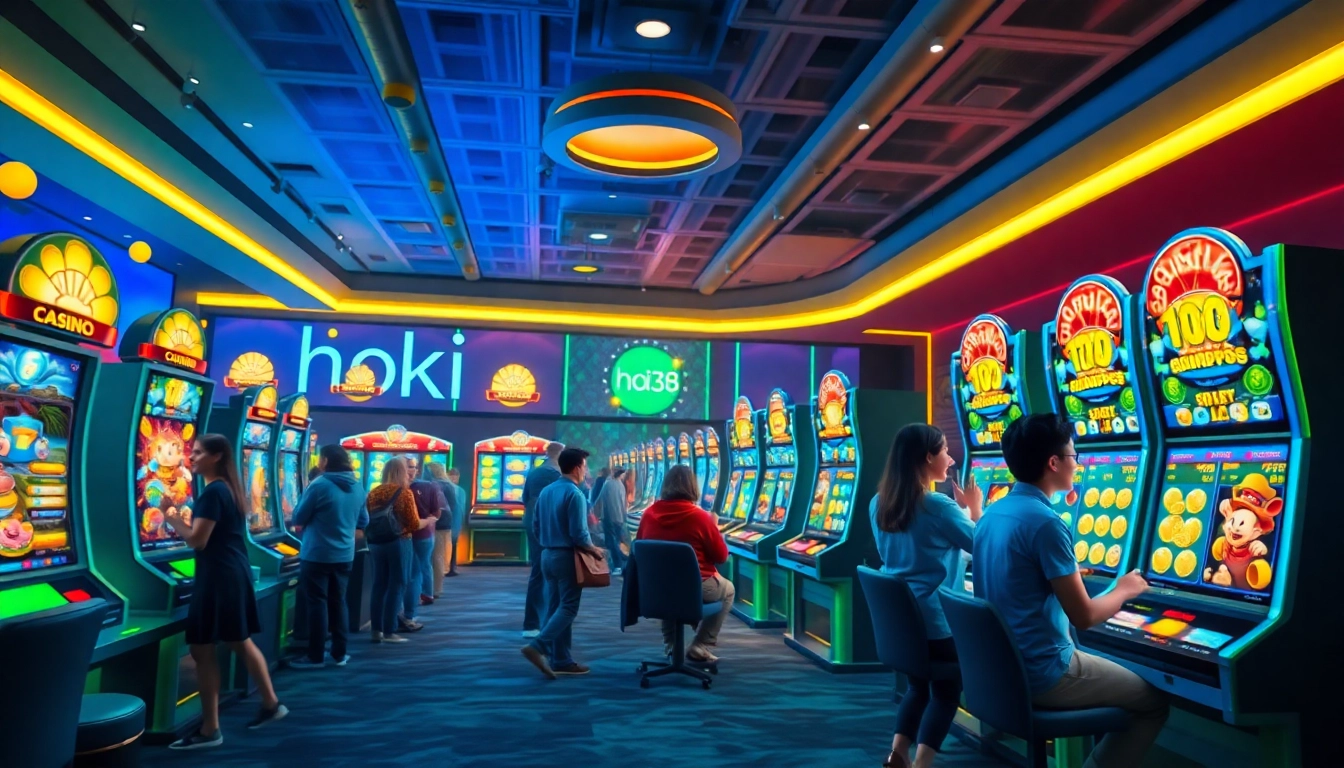 Exciting online gaming scene featuring hoki138 slot games with vibrant graphics and enthusiastic players.
