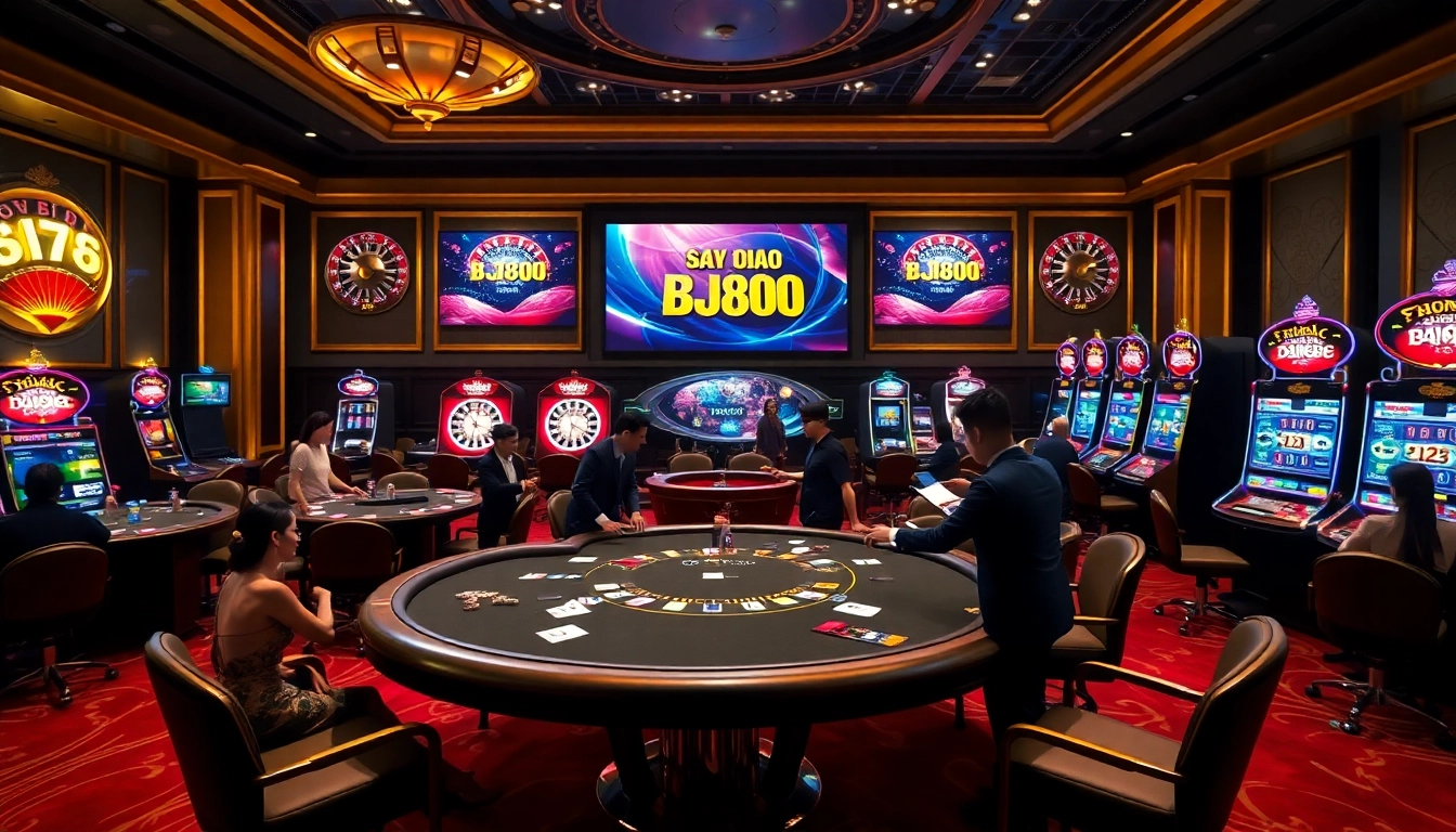Betting excitement at Đá Gà Thomo BJ888 in a luxurious casino environment with vibrant displays.