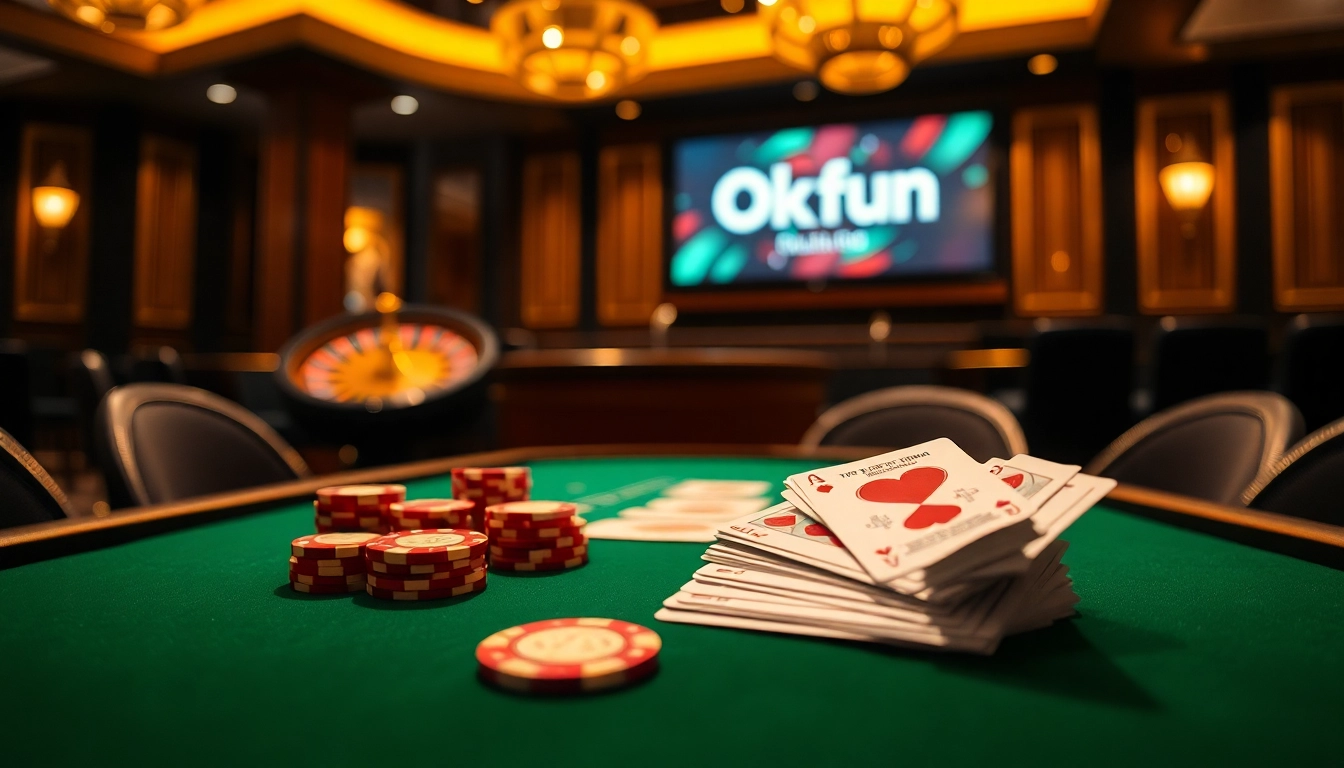 Experience high-stakes excitement at Okfun's luxurious casino table with poker chips and cards.
