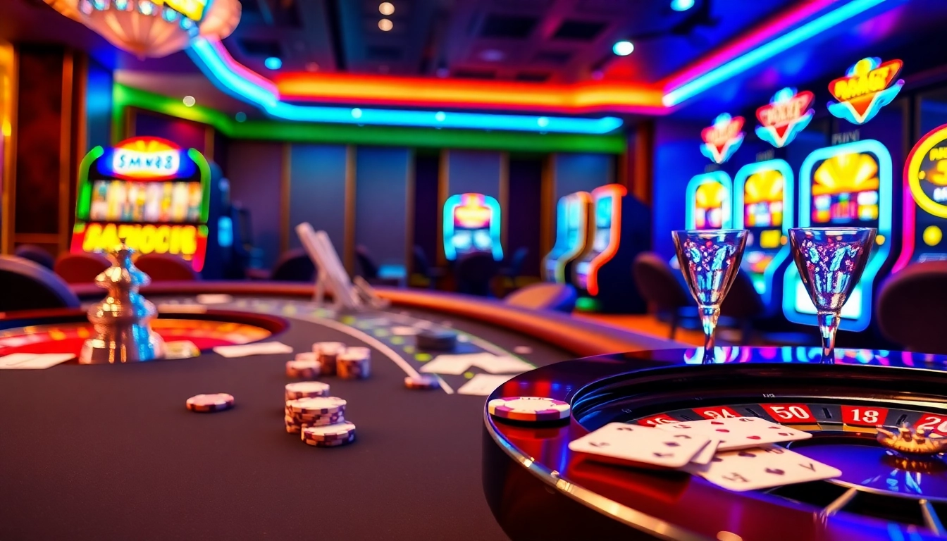 Experience the thrill of mm88 at a vibrant casino with poker and roulette tables.