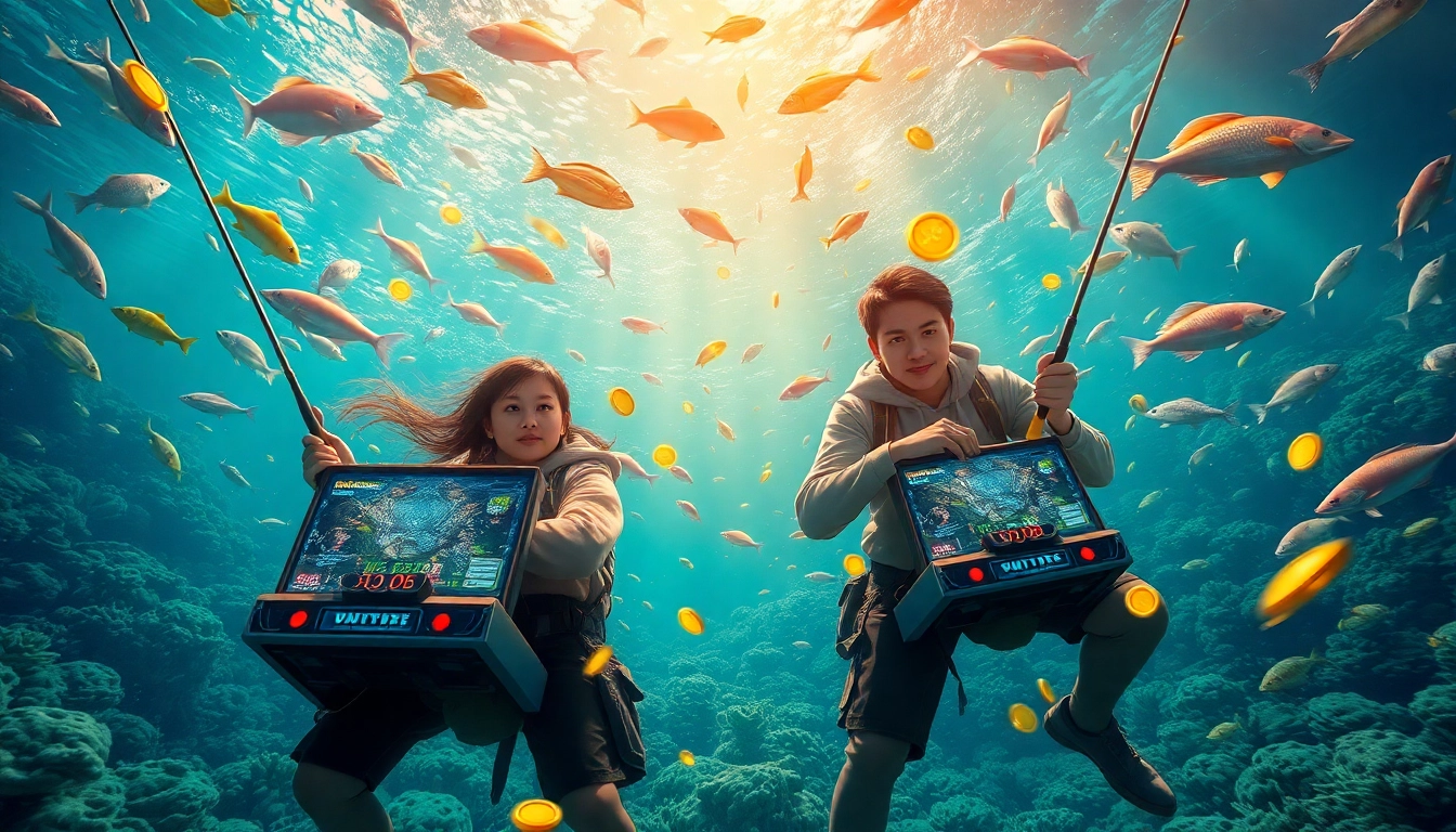 Bắn cá đổi thưởng action scene with players shooting fish for rewards in a colorful underwater world.