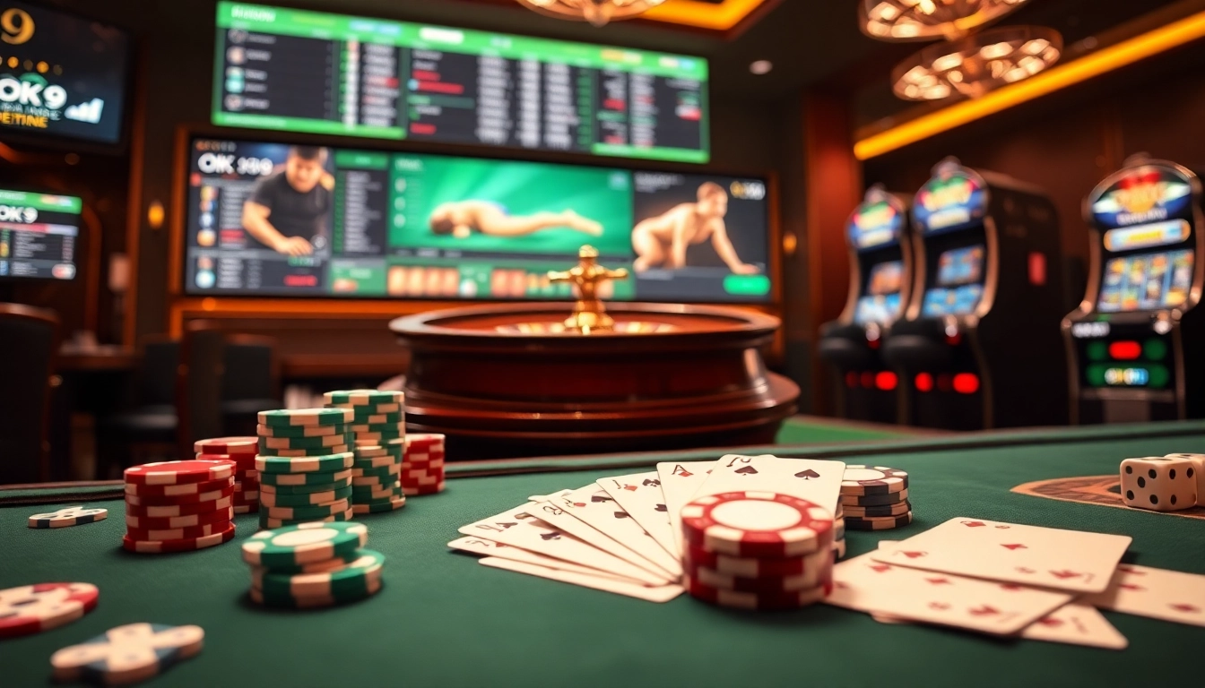 Experience the excitement of Nhà cái OK9 with a vibrant casino scene showcasing poker chips and betting screens.