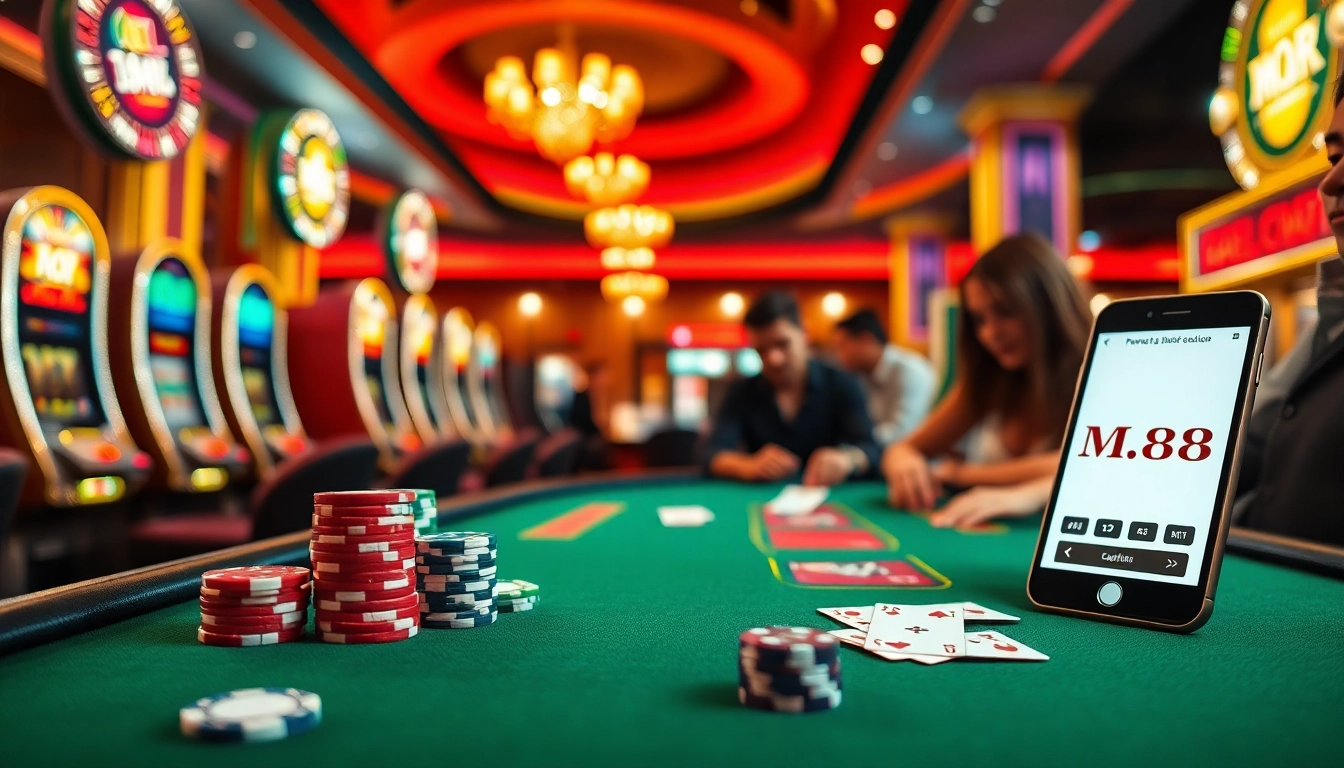 Players engaging in a thrilling game at MM88.blog's luxurious casino, showcasing vibrant gaming elements.