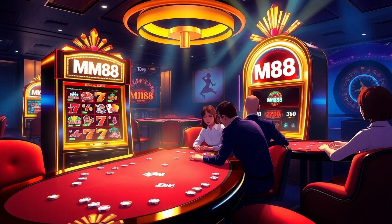 Players enjoying an exciting game at the MM88 casino, showcasing vibrant slot machines and thrilling action.