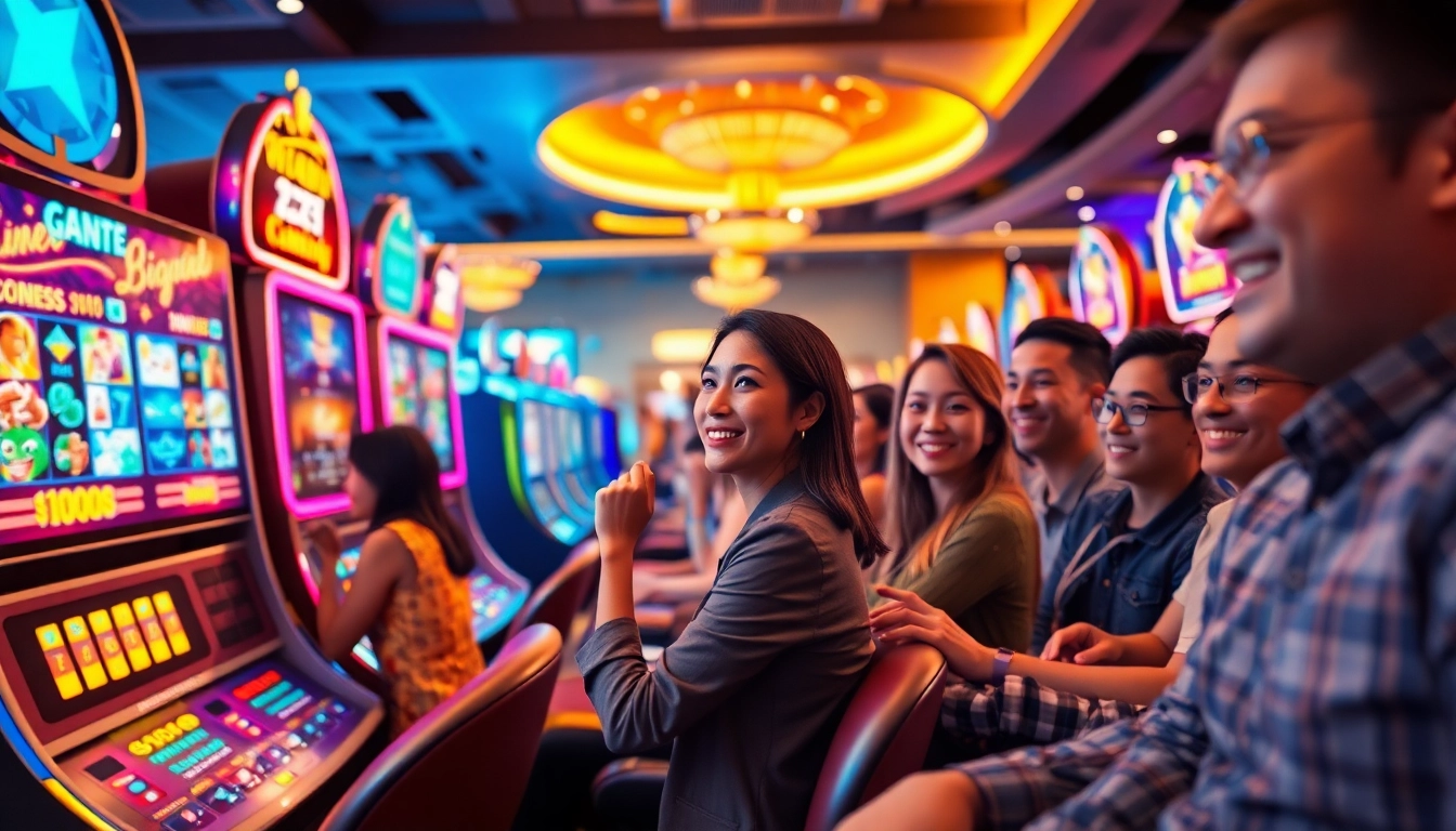 Situs kode4d vibrant online gaming environment with diverse players enjoying slot machines.