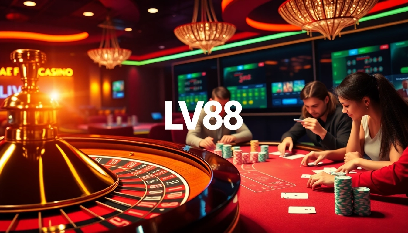 Intense gameplay at LV88 casino featuring roulette wheel and poker tables.