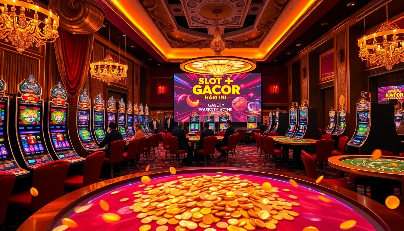Exciting gaming scene featuring vibrant slot gacor hari ini machines and elegant gamblers at a luxury casino.
