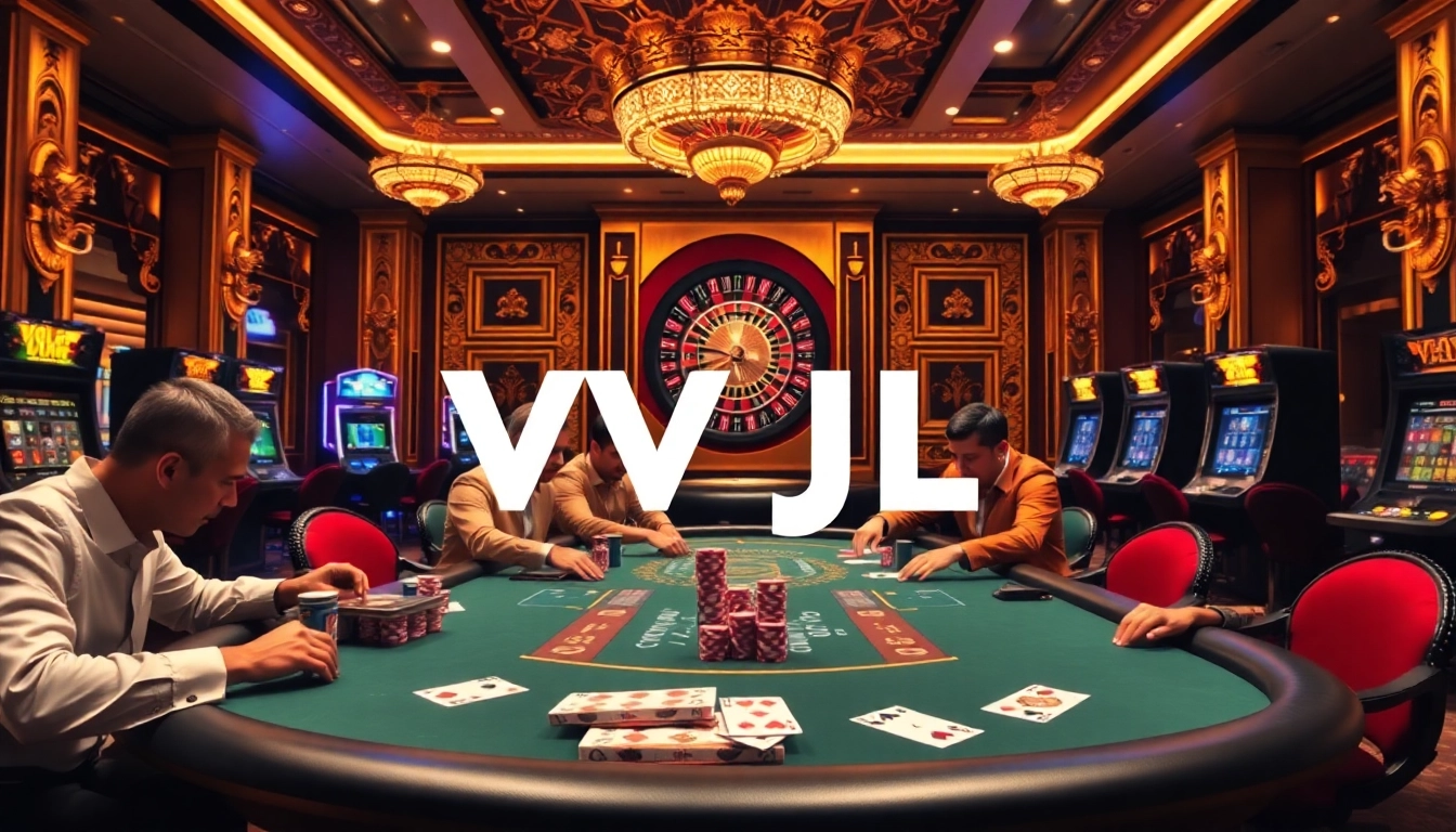 Experience thrilling gambling with VVJL logo at an upscale poker table surrounded by excitement.