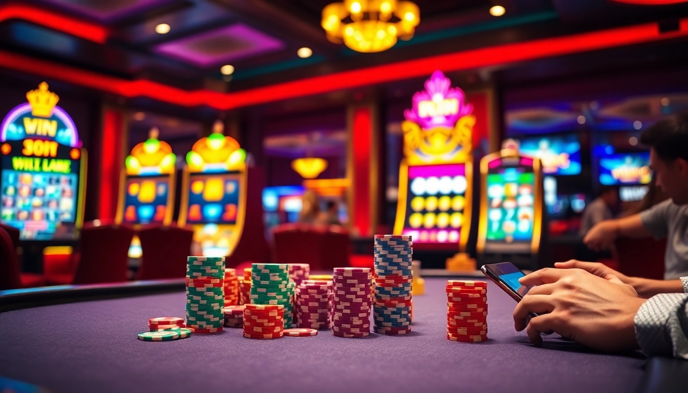 Exciting gambling action at kkwin com with colorful poker chips and a sleek slot machine background.