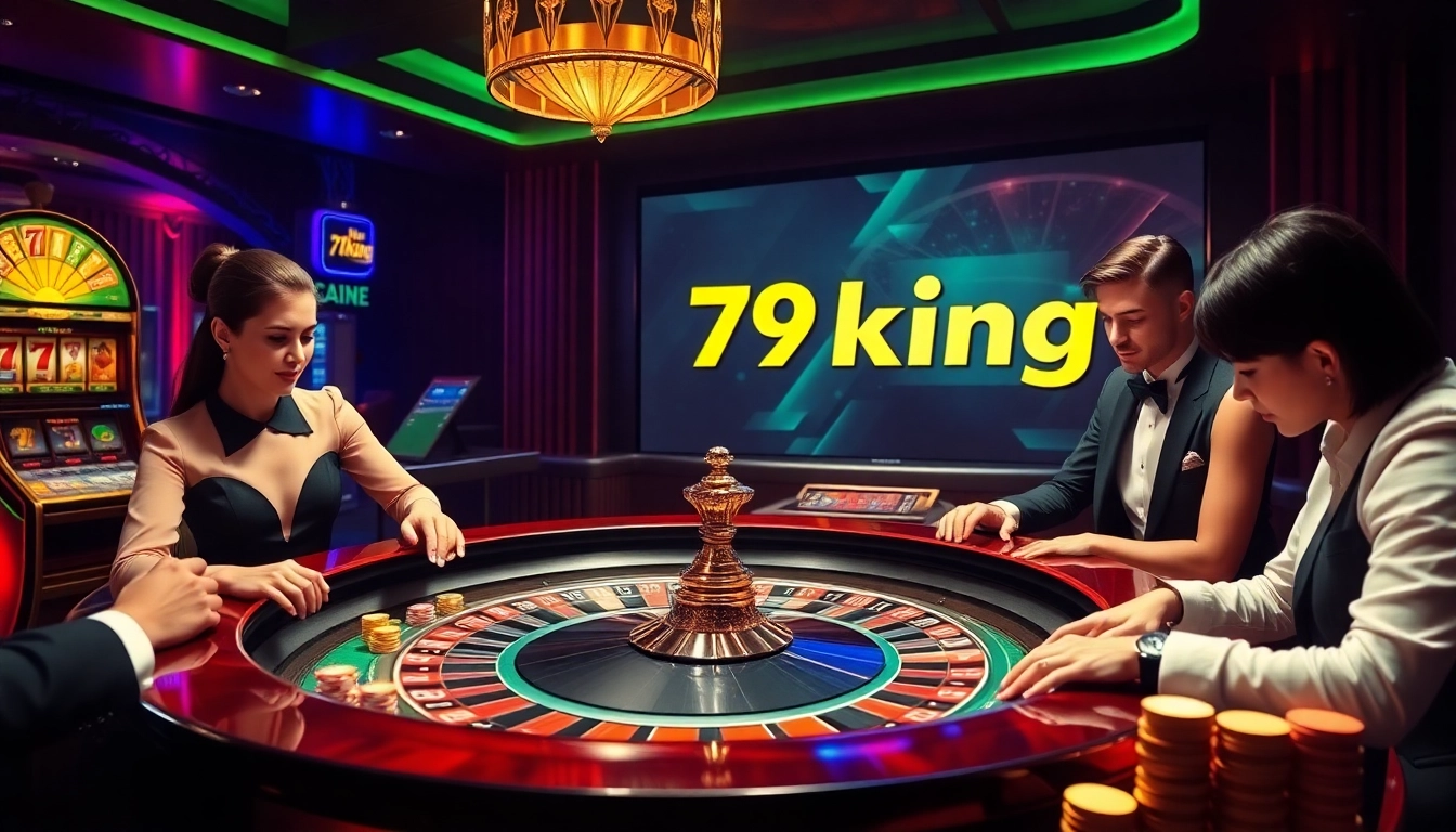 Excited players enjoying roulette at a sophisticated casino, featuring 79king imagery.