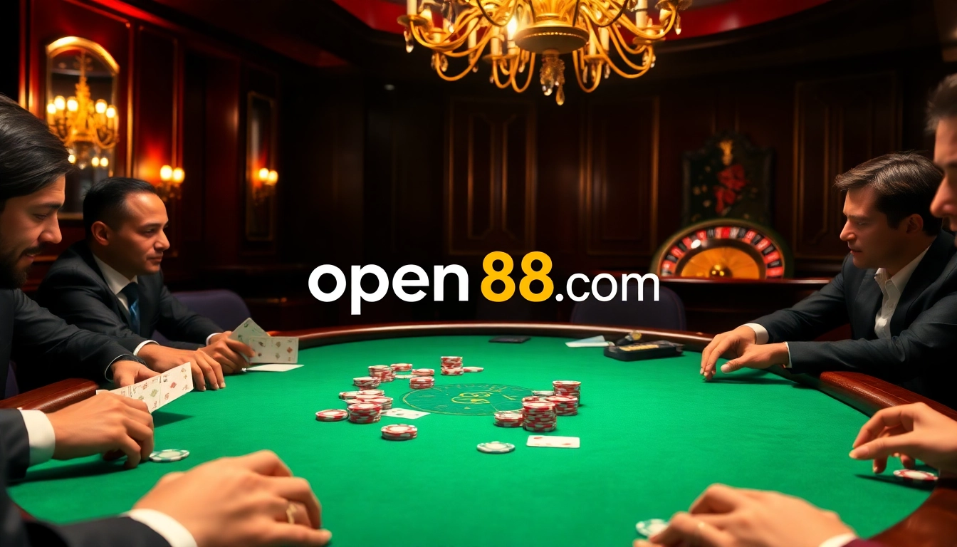 Experience thrilling poker action at open88 com with vibrant chips and elegant players in a luxurious casino.