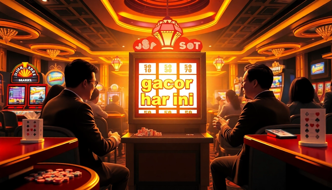 Players revel in the excitement of slot gacor hari ini games with vibrant machines and casino lights.