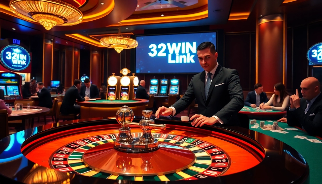 Experience the excitement of gambling at a professional casino with the 32WIN Link integration, showcasing vibrant roulette and poker action.