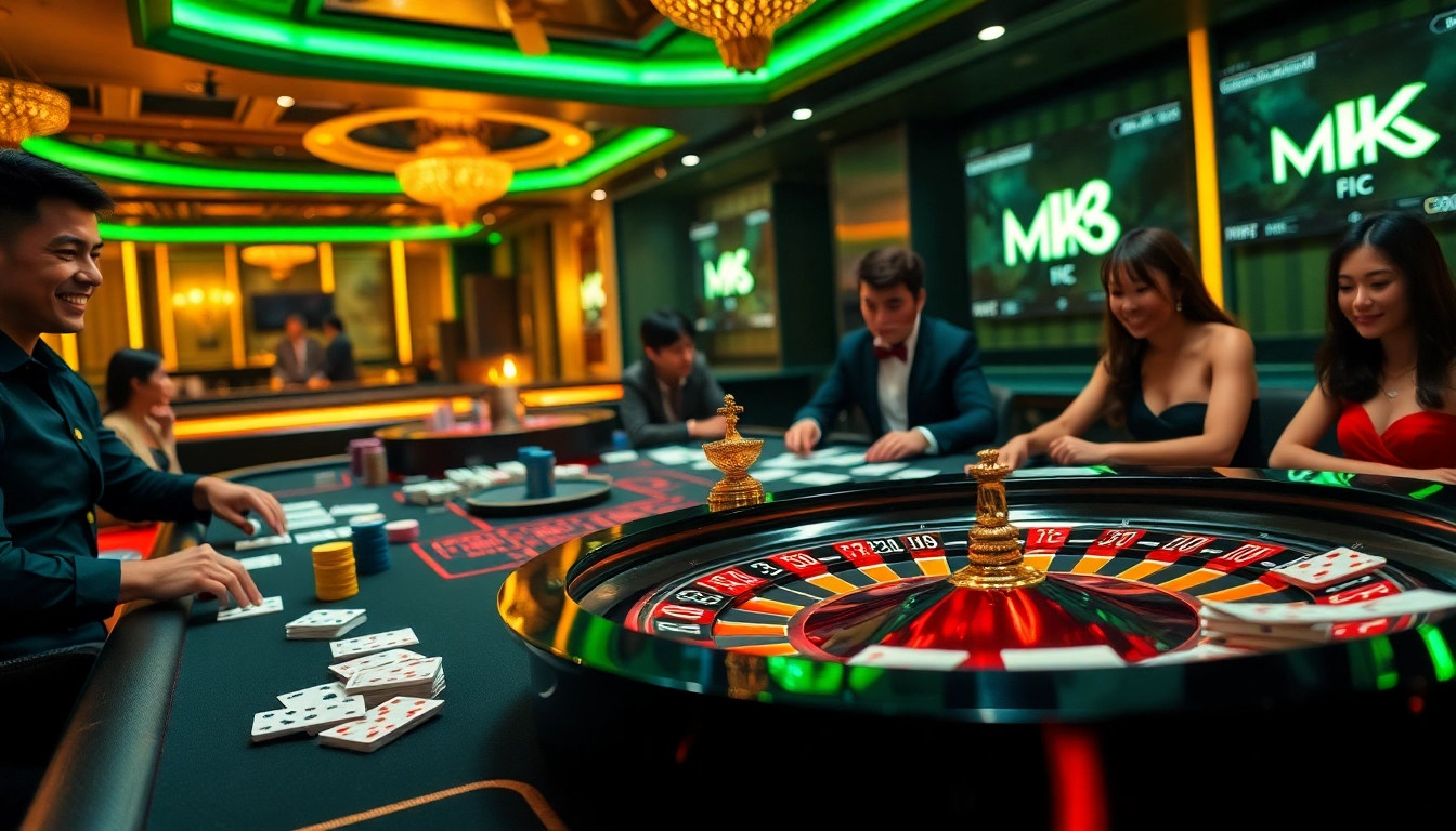 Players enjoying high-stakes action at MK 8 casino table with vibrant roulette wheel.