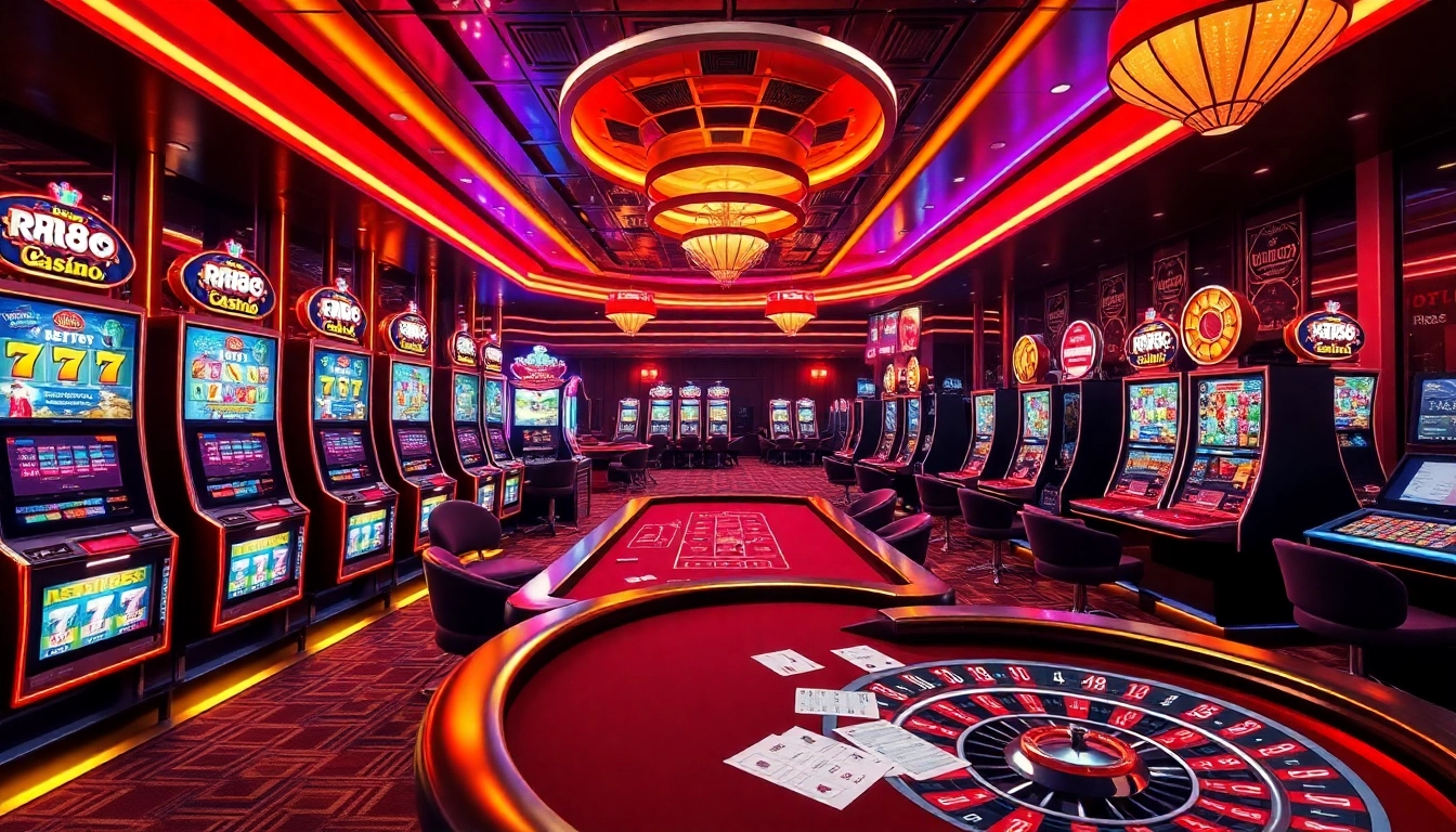 Experience the excitement of RR88 with vibrant casino gaming visuals including slot machines and poker tables.