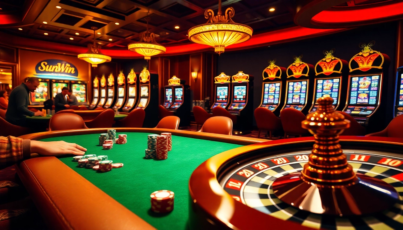 Experience the excitement at sunwin's vibrant casino with poker chips, roulette, and elegant slot machines.