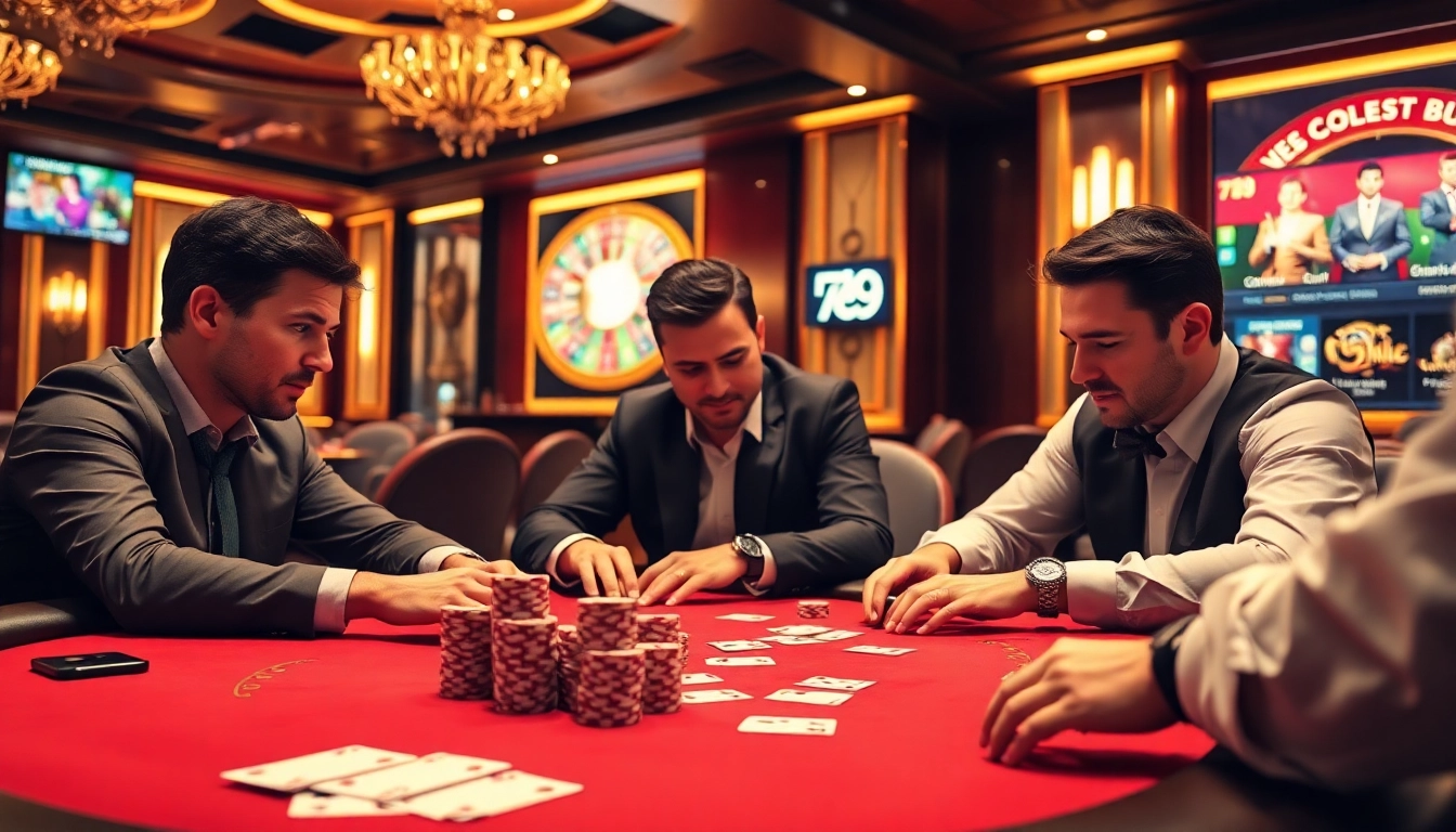 Experience the thrill of gaming with 789 club as players enjoy intense poker action surrounded by chips and cards.