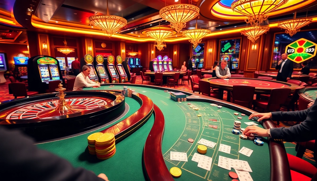 Engage with thrilling games at nhà cái king88, showcasing vibrant casino tables with players and colorful chips.