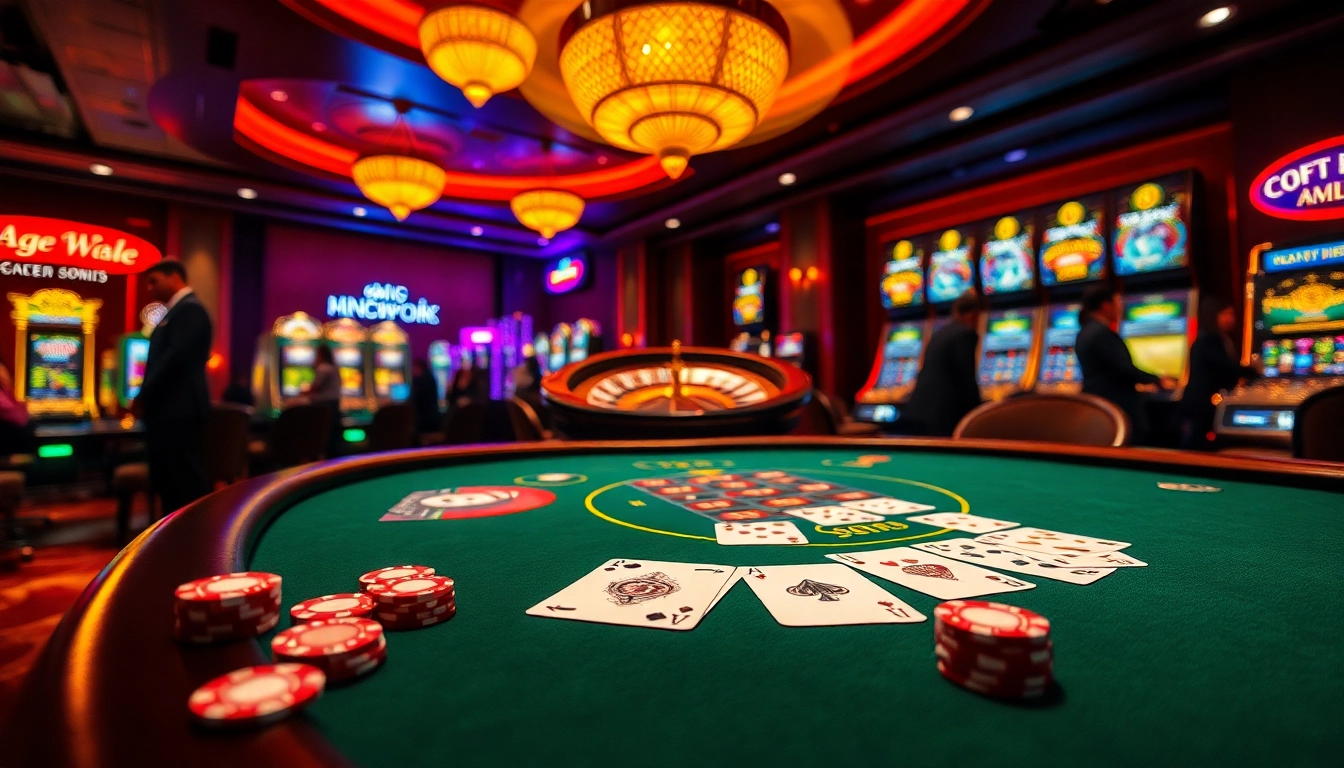 Exciting casino scene featuring a blackjack table and colorful poker chips, showcasing https://kk55.blue/ gaming experience.
