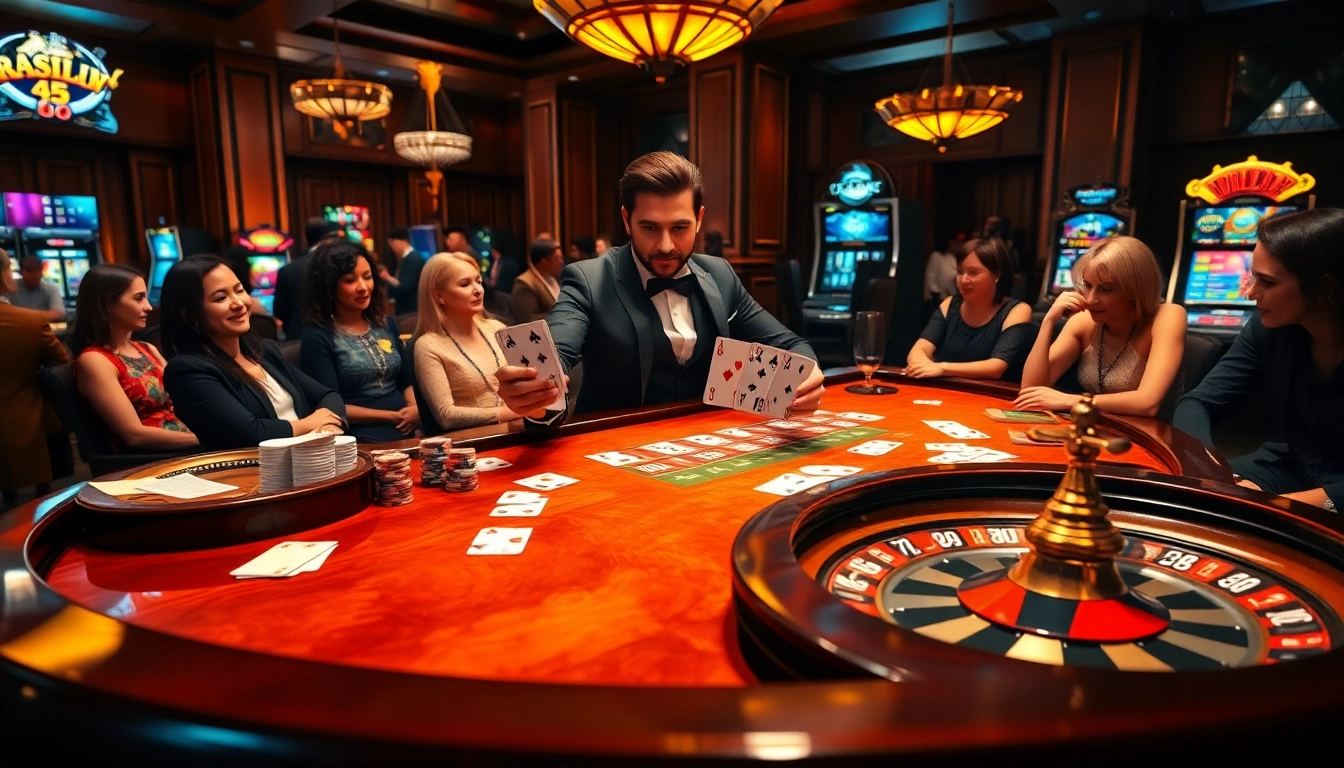 תצוגה מרגשת של רמי אונליין עם צ'יפים לפוקר וקלפים על שולחן קזינו יוקרתי.