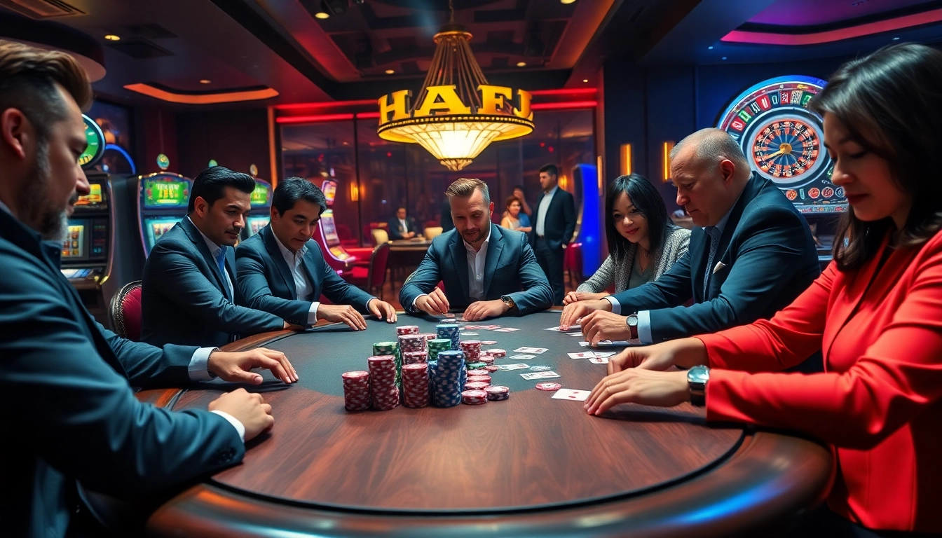 Players engaging in a high-stakes poker game at a luxurious casino from https://kk55.group with colorful poker chips.