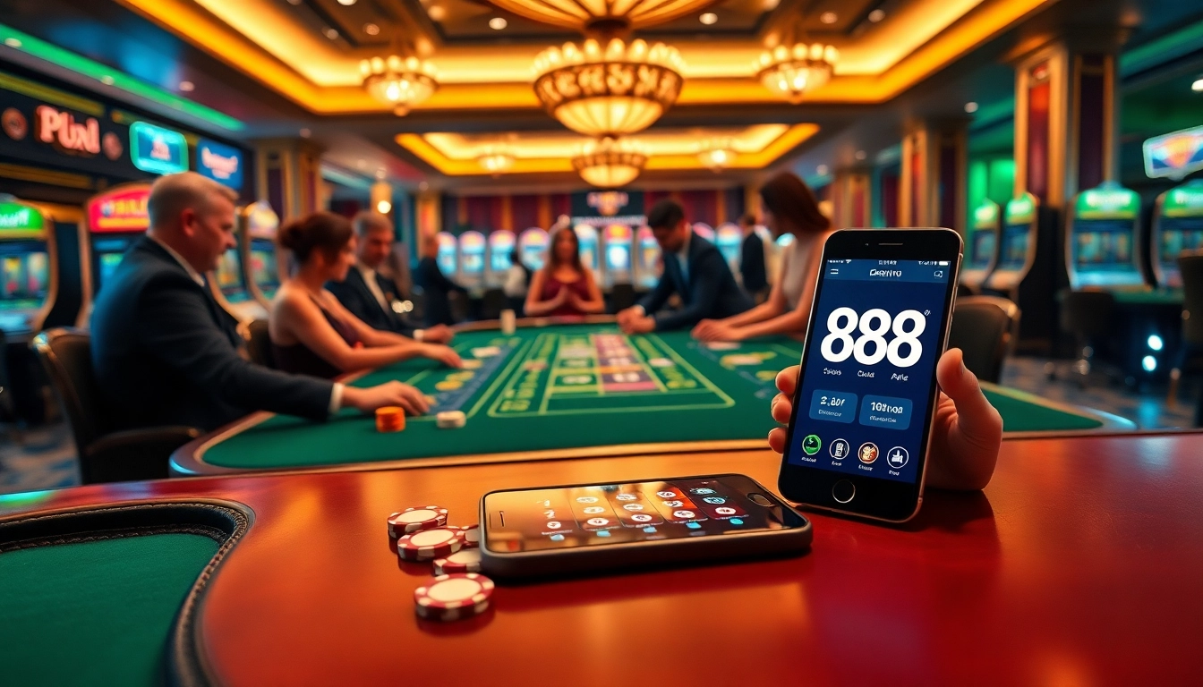 Exciting casino experience at 88i with players at a poker table and vibrant slot machines.