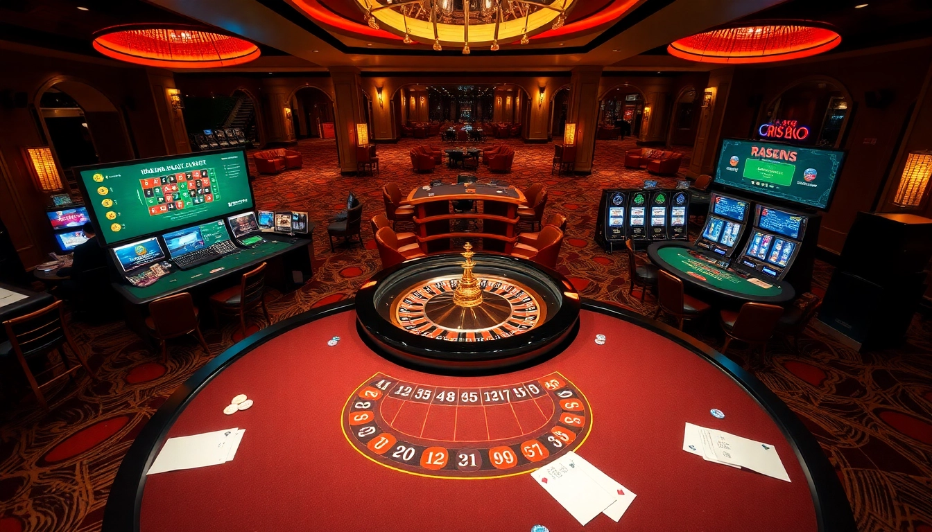 Experience the thrill of RR88 casino with players enjoying roulette and slots in a luxurious setting.