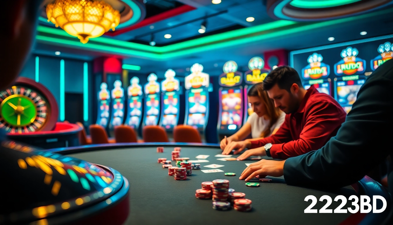 A high-stakes poker game in a luxurious casino, featuring 222BD branding alongside vibrant slot machines and roulette wheels.